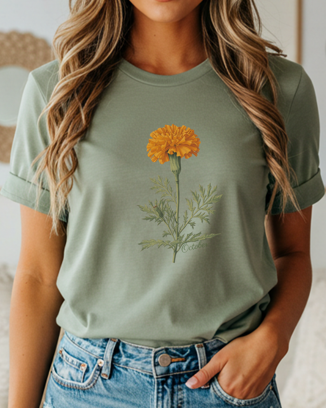 Marigold Botanical Tee — Vintage Floral Birthday Flower