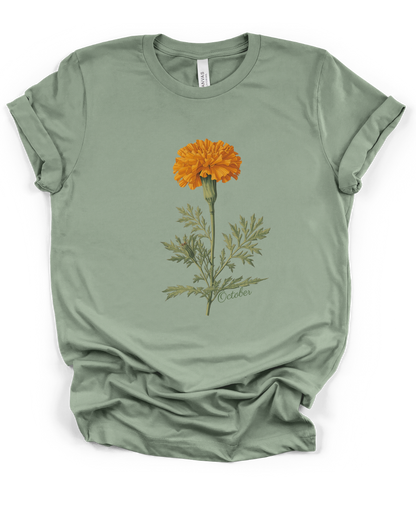 Marigold Botanical Tee — Vintage Floral Birthday Flower