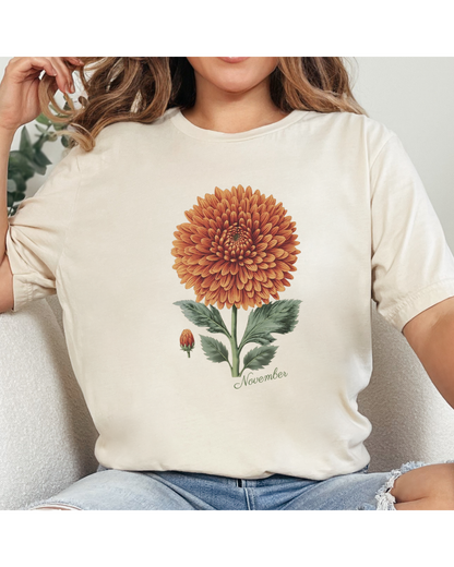 November Birth Flower Tee — Vintage Botanical Chrysanthemum
