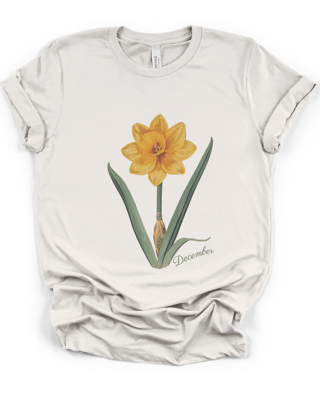 December Birth Flower Daffodil Botanical Tee — Vintage Floral Illustration