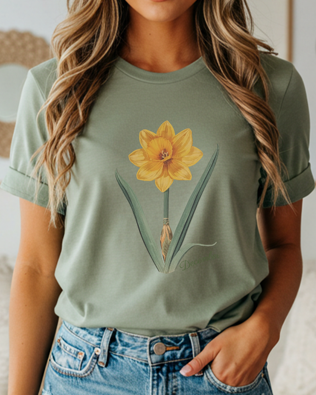 December Birth Flower Daffodil Botanical Tee — Vintage Floral Illustration