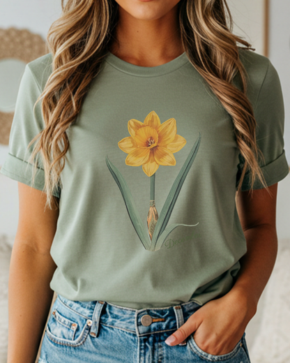 December Birth Flower Daffodil Botanical Tee — Vintage Floral Illustration