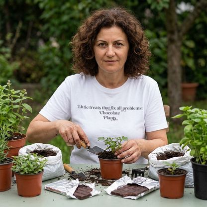 A Little Treats That Fix All Problems: Chocolate + Plants Minimalist `Gardening Quote Tee