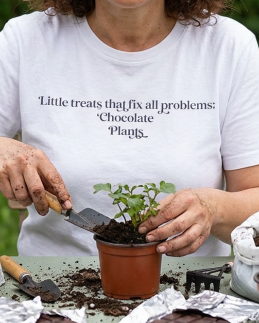 A Little Treats That Fix All Problems: Chocolate + Plants Minimalist `Gardening Quote Tee