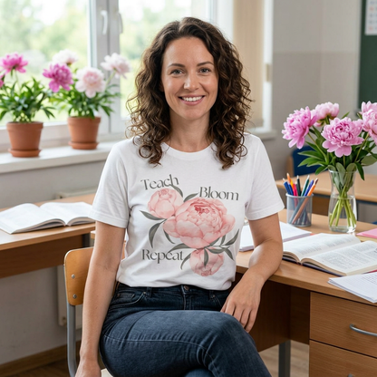 Teach Bloom Repeat Floral Tee — Teacher Appreciation Pink Peony Shirt