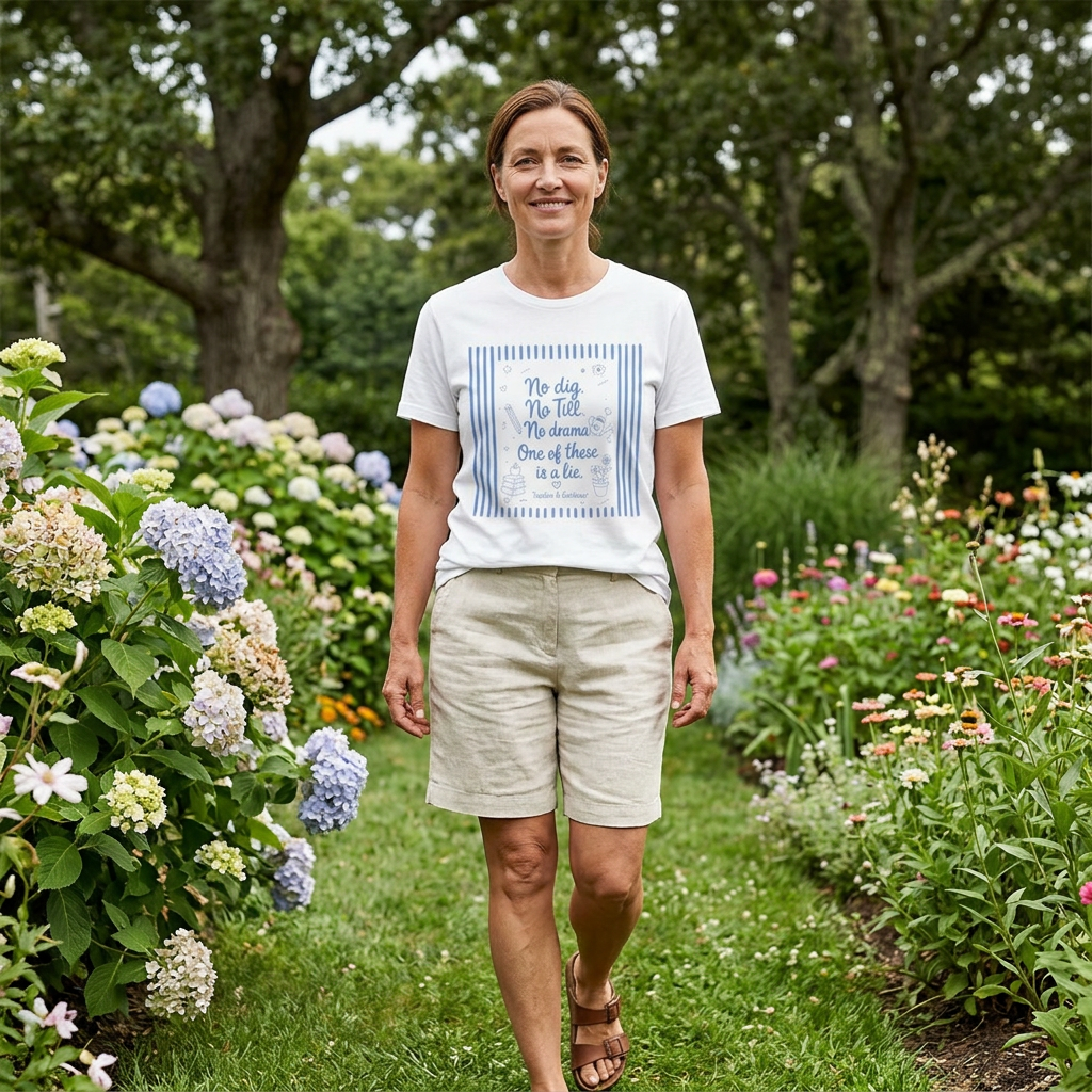 No dig, No Till, No drama - Blue Stripe Gardening Shirt