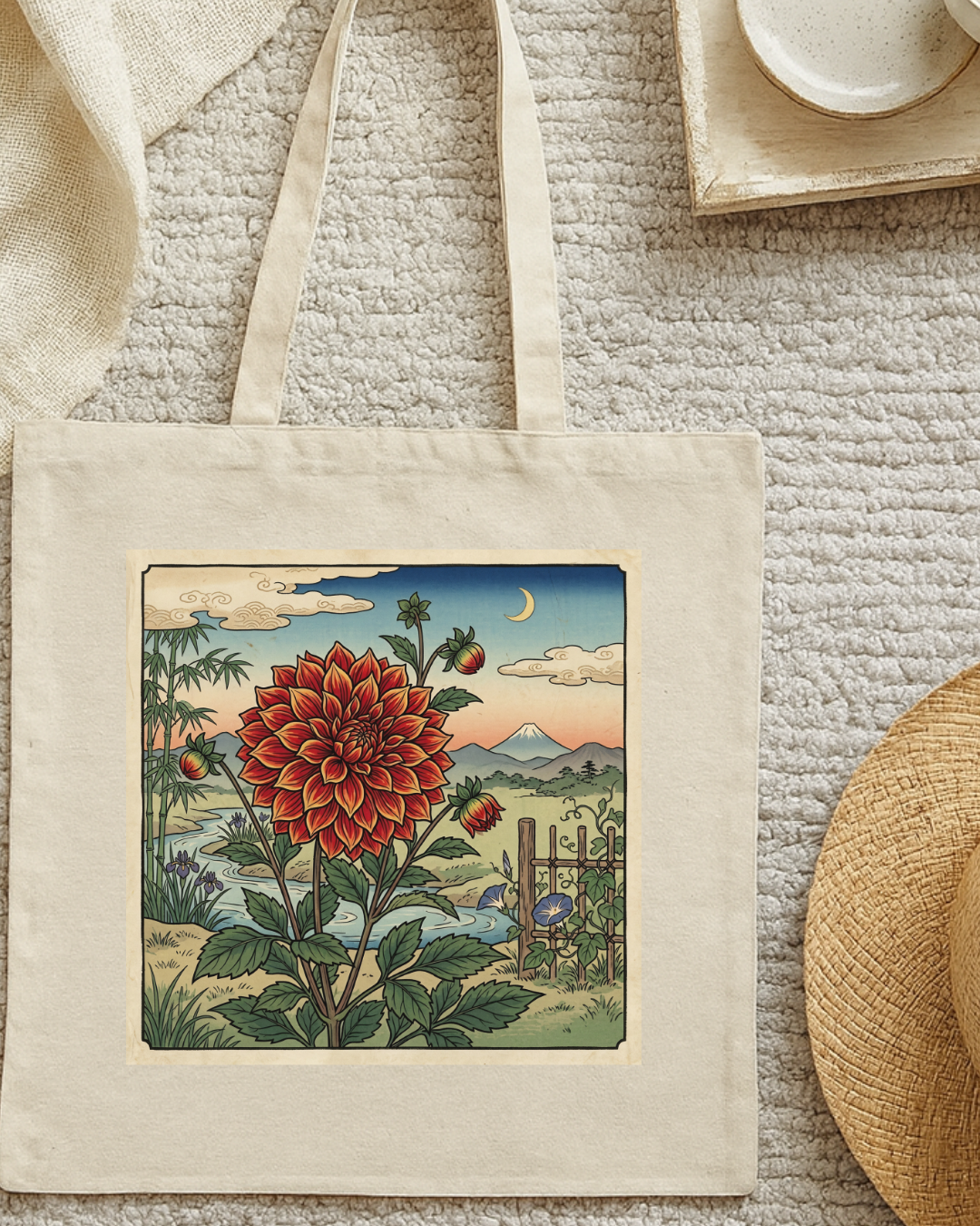 Japanese Woodblock Red Dahlia