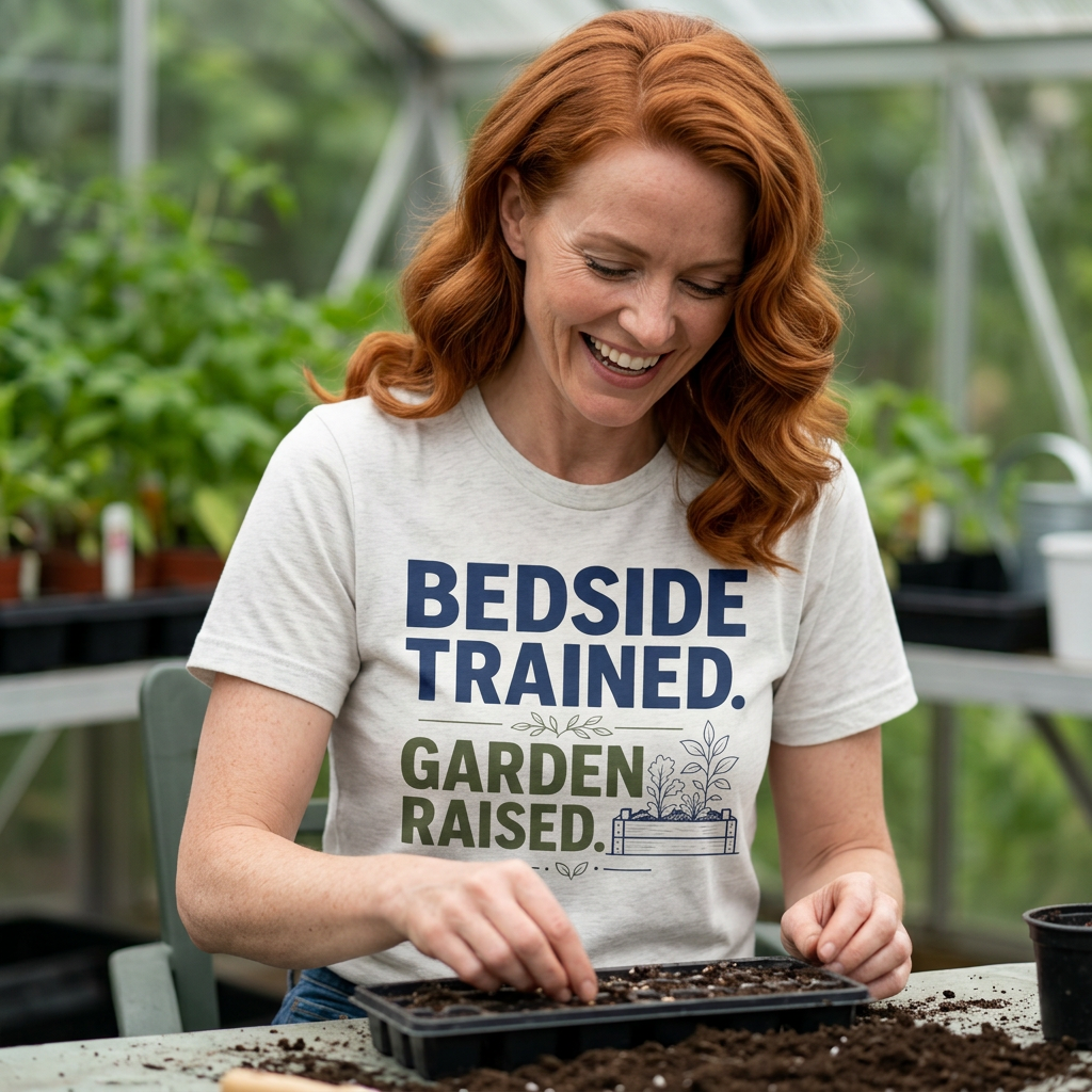 Bedside Trained, Garden Raised T-Shirt — Funny Nurse & Gardener Tee