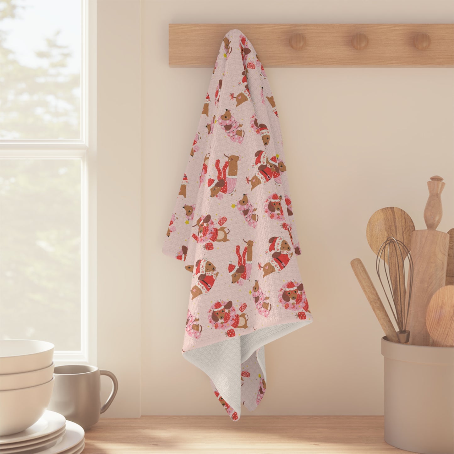 Pink Santa Dog Microfiber Towel- Holiday Decorating and Gifting
