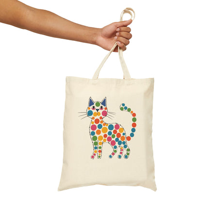 Canvas Tote Bag — Retro Polka Dot Cat Print Reusable Shopper