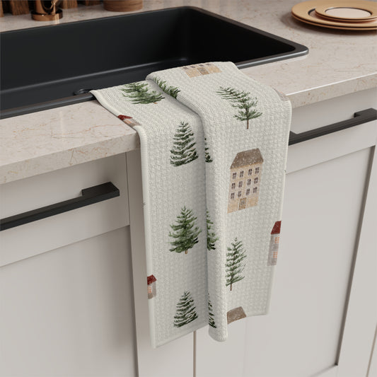 French Cottagecore & Pine Microfiber Tea Towel — Neutral Winter Kitchen Decor