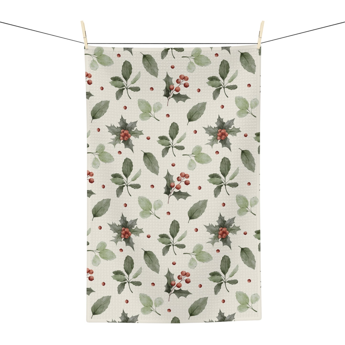 Holiday Holly Microfiber Tea Towel – Festive Greenery & Red Berries Kitchen Towel