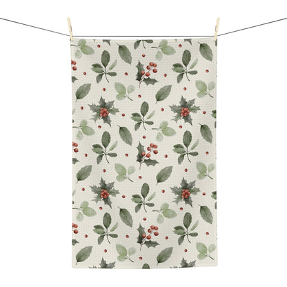 Holiday Holly Microfiber Tea Towel – Festive Greenery & Red Berries Kitchen Towel
