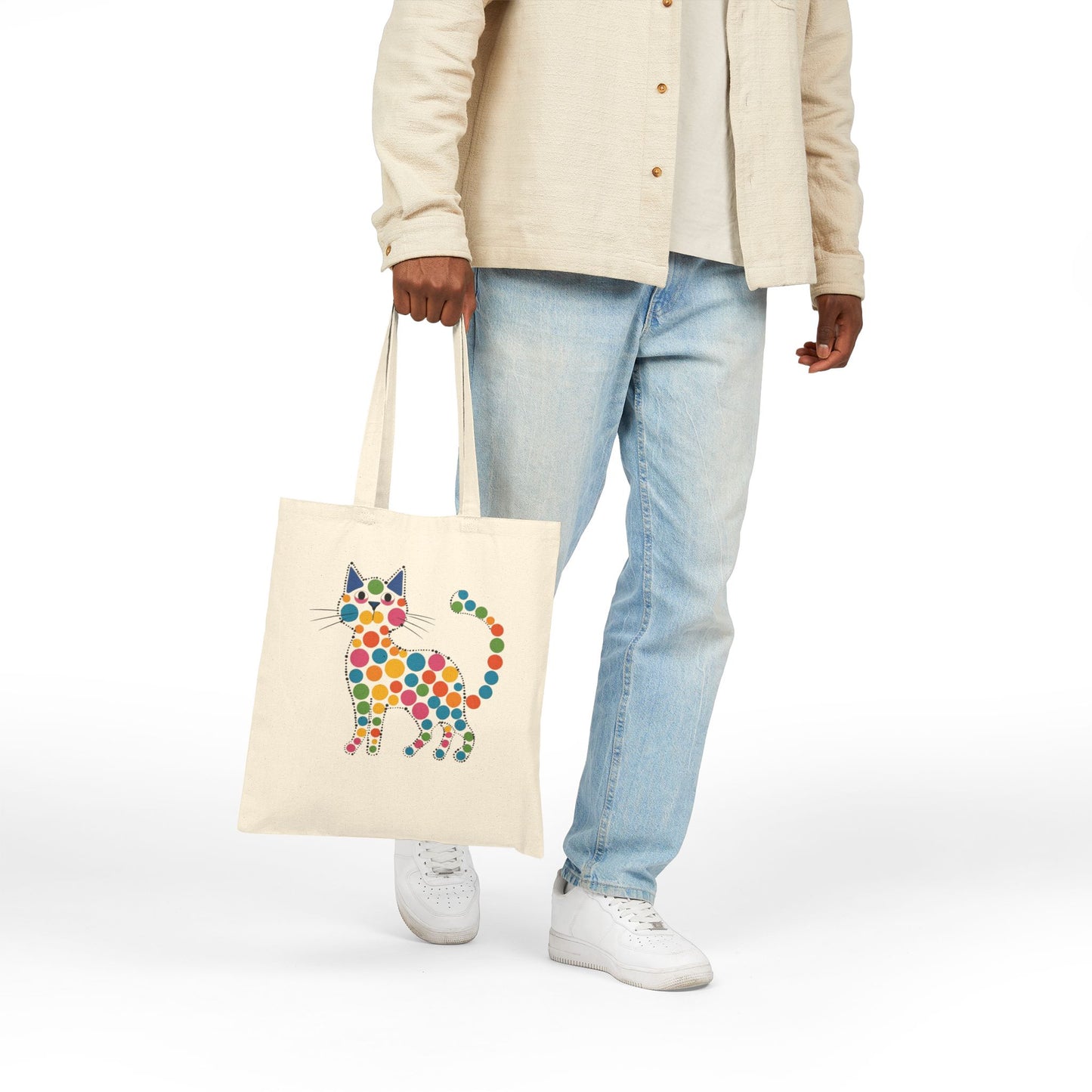 Canvas Tote Bag — Retro Polka Dot Cat Print Reusable Shopper