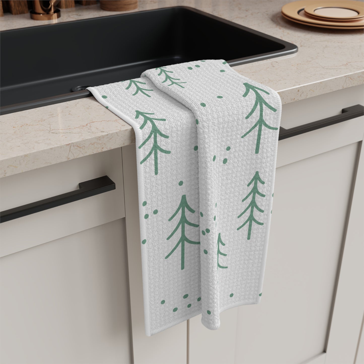 Evergreen Sprig Microfiber Tea Towel – Minimal Holiday Forest Kitchen Towel