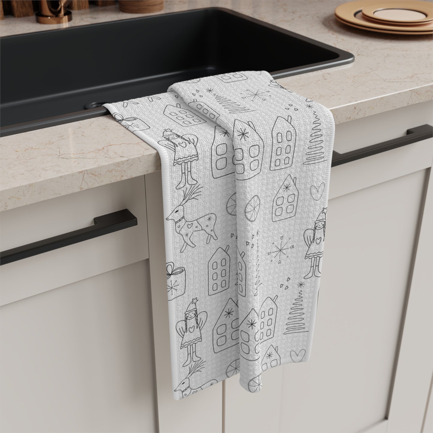 Holiday Doodle Microfiber Tea Towel — Scandinavian Winter Pattern with Reindeer & Gingerbread Houses