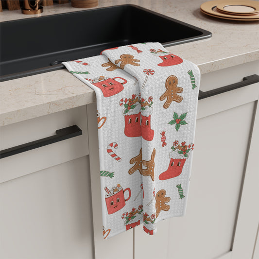 Christmas Cookie Pattern Microfiber Tea Towel — Gingerbread, Stockings & Candy Cane Holiday Kitchen Towel
