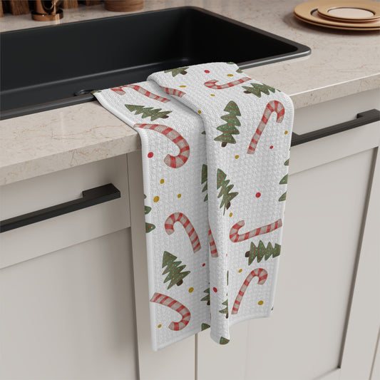 Christmas Candy Cane & Tree Microfiber Tea Towel — Festive Holiday Kitchen Decor