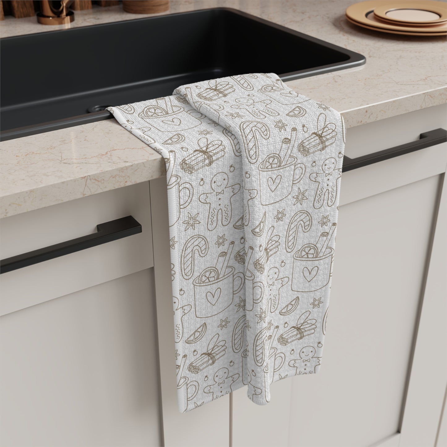 Minimalist Christmas Microfiber Towel — Cozy Tea Towel with Mug & Cookie Pattern